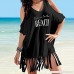 Sunmoot Clearance Sale Beach Dress for Womens Sexy Cold Shoulder Tassel Letters Print Loose Swimwear Bikini Cover Ups A-black B07P8D76F8